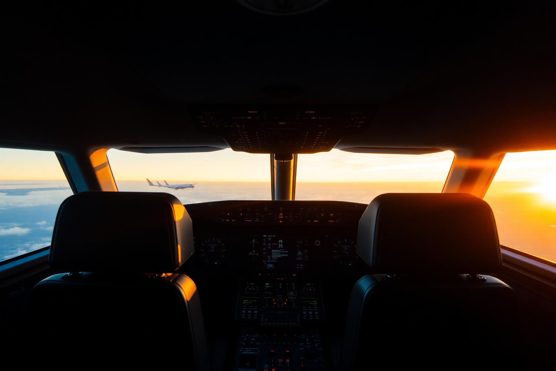View from the flight deck of a modern airliner at sunrise